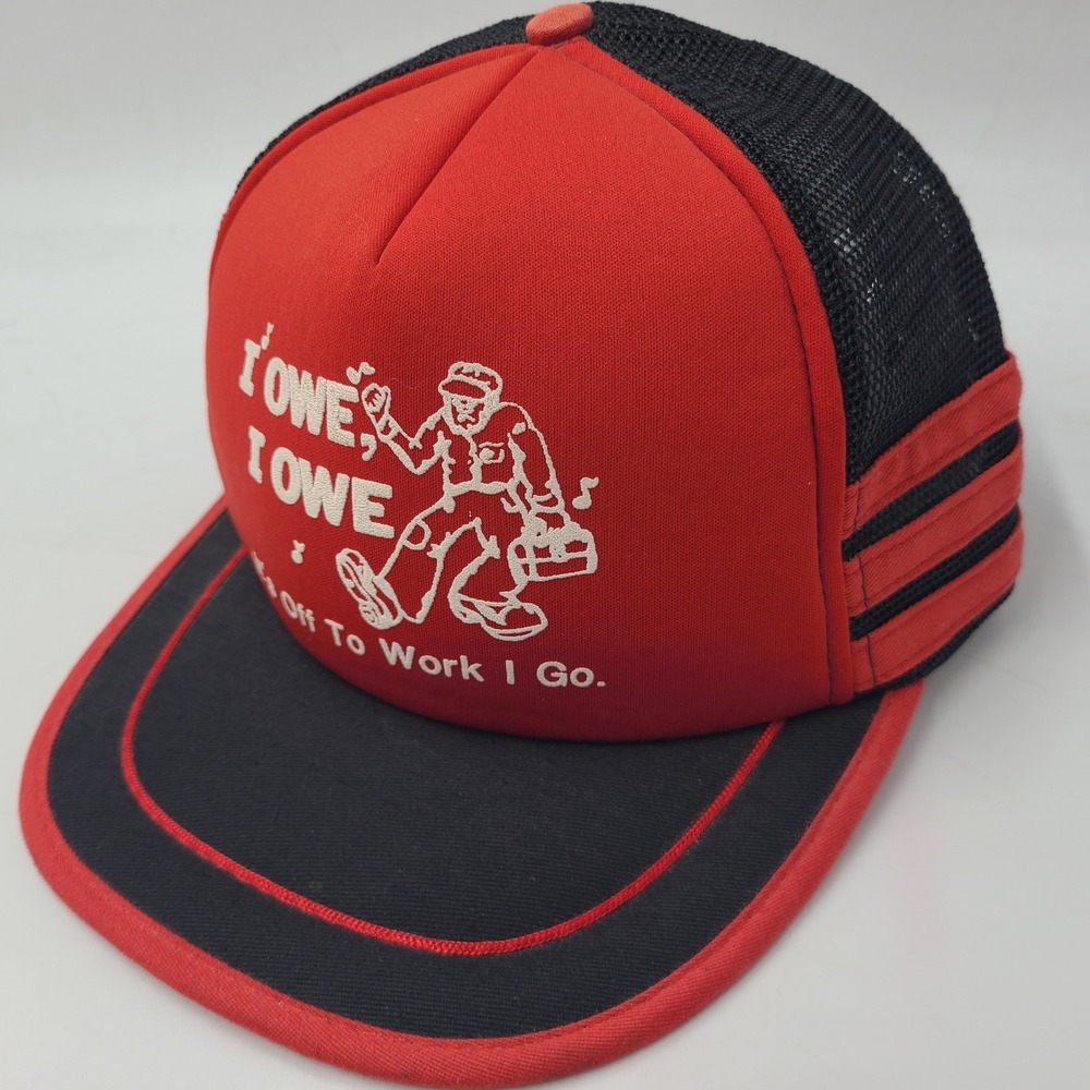Vintage Funny Trucker Hat Snapback Mesh Red Black 3 Stripes I Owe Off To Work Go